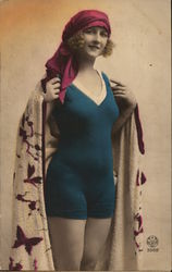 Woman Wearing Swimsuit and Cape Art Deco Postcard Postcard