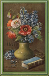 Blue, Red and Pink Flowers in Green Vase Postcard Postcard Postcard