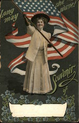 A Woman Waving an American Flag Postcard