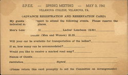 S.P.E.E. - Spring Meeting - May 3, 1941 - Villanova College, Villanova, PA. Postcard