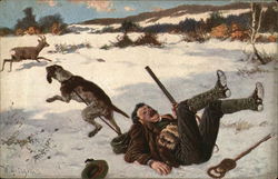 Man With Rifle Laying on Ground as Dog Chases Deer Postcard