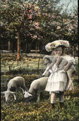 Llittle Girl In Dress Holding a Lamb Postcard