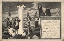 Letter "J" Young Girls and Women at the Shore, Looking, with Boats in Background Alphabet Letters Postcard Postcard Postcard