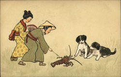 Two Asian Women Poking Lobster as Two Dogs Watch Postcard