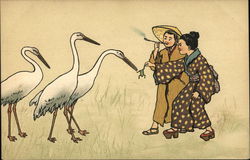 Chinese Couple Feeding Frog to Three Storks Postcard