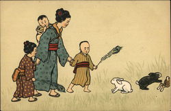 Asian Mother and Three Children with Rabbits Postcard Postcard Postcard