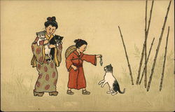 Asian Woman and Child Feeding Fish to Cat Postcard