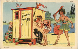 Boy Peeking in Bath House on Beach Postcard