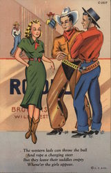 Two Cowboys Eyeing Cowgirl Postcard