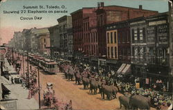 Summit Street - Showing 22 Elephants on Parade - Circus Day Postcard