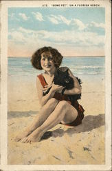 Girl Holding Black Dog on Beach Florida Postcard Postcard Postcard