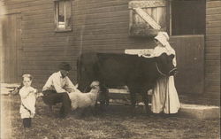 Farm Scene with Cow, Lamb, Man, Woman and Child Farming Postcard Postcard Postcard