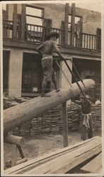 Large Log Being Cut Down Center with Two-Man Saw China Postcard Postcard Postcard