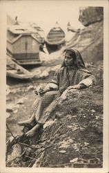 Indian Woman Sitting on the Ground, Boats in the Background Postcard Postcard Postcard