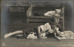 Girl Laying on Floor with Book and Three Cats Postcard