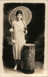 Standing Woman Holding Umbrella Near Log Segment Women Postcard Postcard Postcard