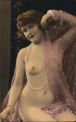 Nude Woman Seated with Strands of Pearls, Sheer Pink Scarf French Nudes Postcard Postcard