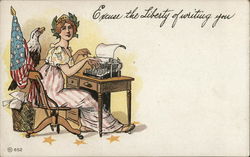 Lady Liberty at Typewriter Near Eagle and American Flag Patriotic Postcard Postcard