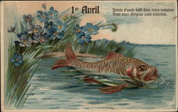 Fish in Water Near Blue Flowers - 1er Avril April Fools Day Postcard Postcard