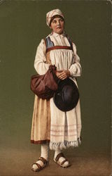 Woman Wearing White Kerchief, Sandals, Holding Hat Postcard Postcard