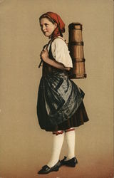 Girl with Red Kerchief Carrying Wooden Container on Back Postcard Postcard