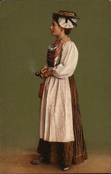 Woman Wearing Striped Apron, Holding Smoking Pipe Postcard