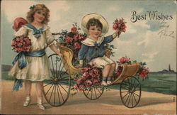 Boy and Girl with Rose Bouquets - Boy in Carriage With Children Postcard Postcard