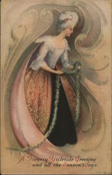 Woman Wearing Powdered Wig Holding Green Garland Postcard