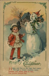 A Merry Christmas with a Young Girl and Snowman Postcard