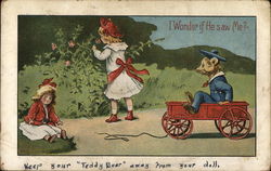 Girl with Doll and Teddy Bear in Wagon Children Postcard Postcard