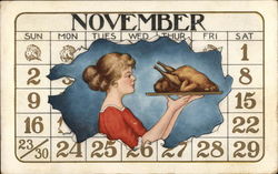 November Calendar with Woman & Turkey Postcard