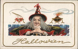 Halloween - Witch in Pointed Hat Wearing Green and Red Cape Postcard