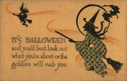 Embossed Two Silhouettes of Witches Riding Brooms Postcard