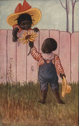 Black Boy Handing Black Girl a Yellow Flower Over Fence Black Americana Postcard Postcard