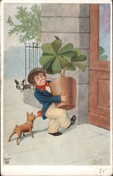 Leprechaun Carrying Potted Shamrocks as Dog Tugs His Kerchief Postcard