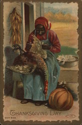 Black Woman with Pumpkin Near Foot Plucking Turkey Postcard