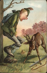 Hunter Against Tree, Gun on Ground, Injured by Antlered Deer Postcard