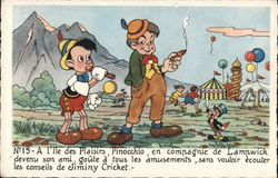 Pinocchio Near Man Smoking Cigar, Circus in Background Postcard