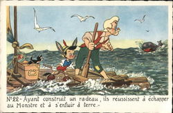 Pinocchio and Gepetto on Raft with Whale Nearby Disney Postcard Postcard