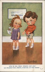 Boy Talking to Girl Holding Handkerchief Children Postcard Postcard