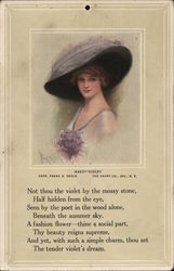 Woman in Large Hat With Bunch of Violets at Bosom Women Postcard Postcard