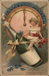 Young Girl with Red Bouquet Atop Bottle of Champagne Postcard