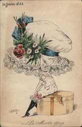 Tiny Female Seated on Hatbox Wearing Oversized Hat Postcard