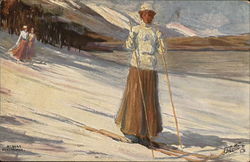 Woman in Long Skirt on Snowy Ski Slope Postcard