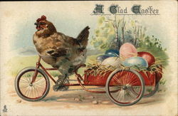 A Glad Easter - Hen riding Bycyle hauling Colored Eggs Postcard Postcard