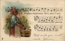 Sad Looking Black Lady Using Washtub - Musical Notes, Words Postcard