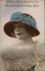 Woman in Red Hat with Fur Around Shoulders Postcard