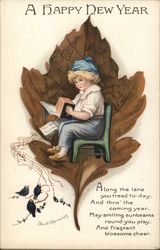 A Happy New Year with Boy playing Accordian while Seated Children Postcard Postcard