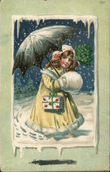 Girl in Snow with Umbrella Children Postcard Postcard