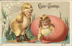 Children in Chick Suits, One Emerging from Egg, One Standing With Children Postcard Postcard